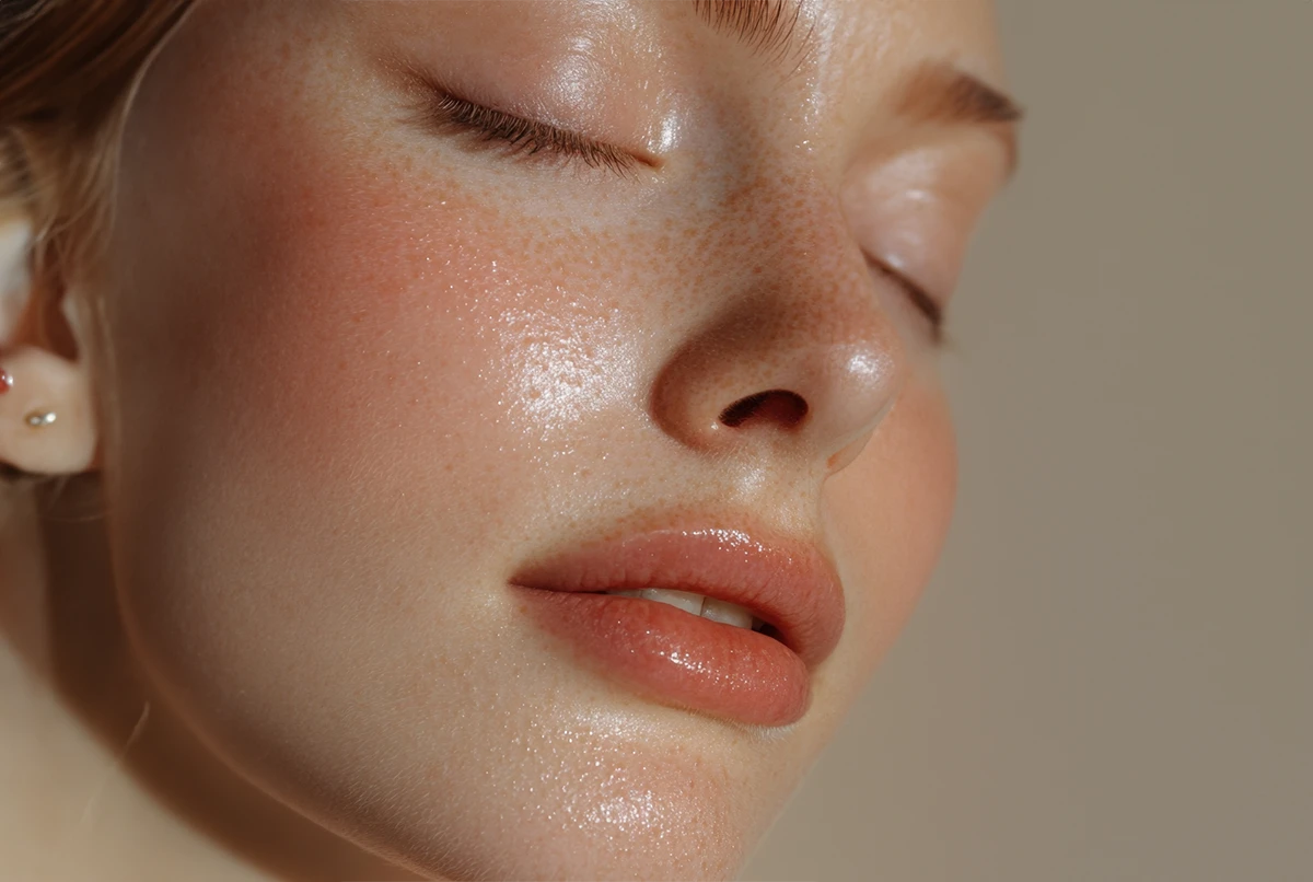 Close-up of a face with closed eyes, smooth skin, and natural freckles. Lips slightly parted