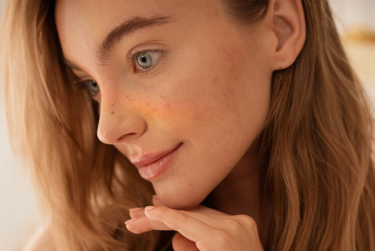 Close-up of a woman with light skin, freckles, and long brown hair, resting her chin on her hand