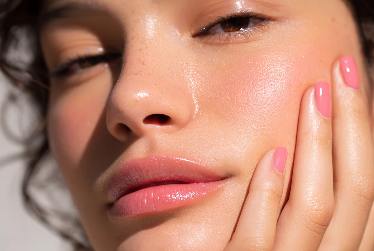 Close-up of a face with glossy skin, light freckles, and a hand gently touching the cheek