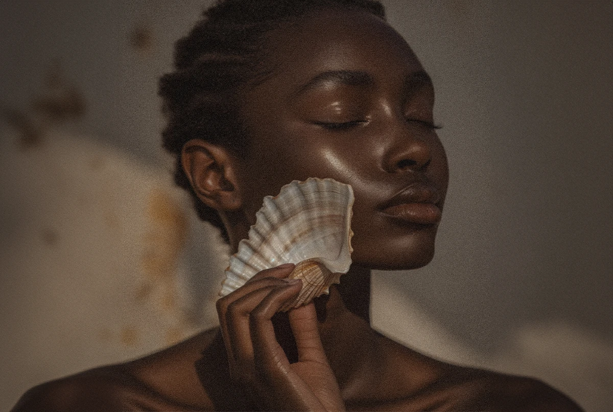 A person with dark skin holds a shell close to their face, eyes closed