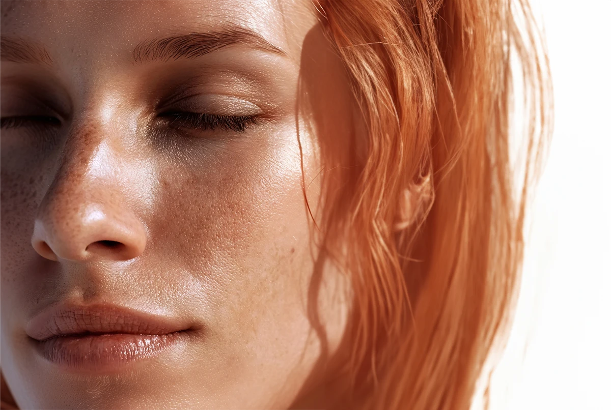 Close-up of a woman's face with closed eyes and reddish-orange hair, showing freckles