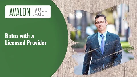 Text promoting Botox with a licensed provider, with a professional man in a suit