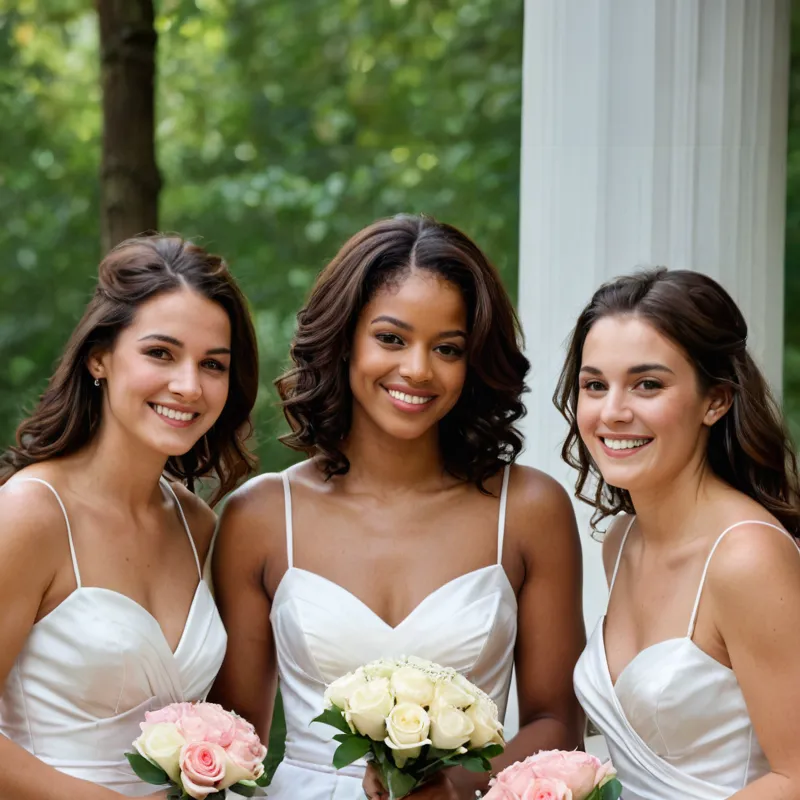 Three smiling women in white dresses hold flower bouquets outdoors