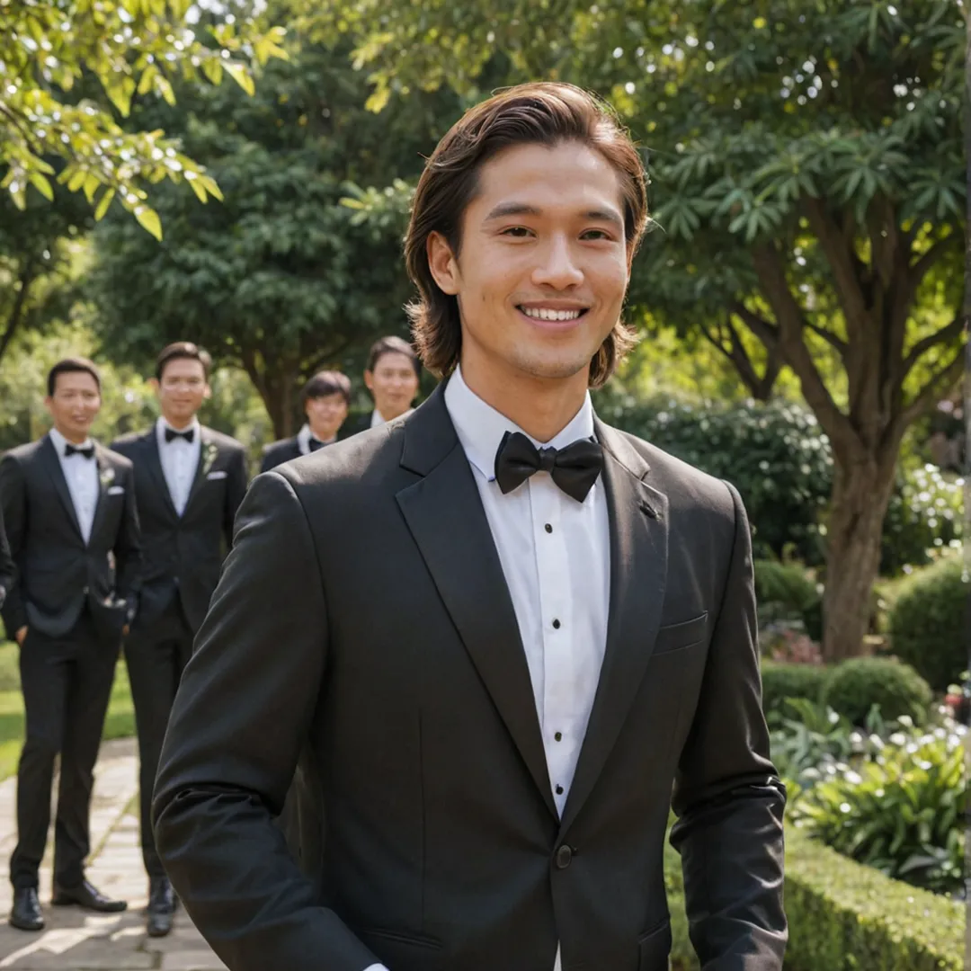 A man in a suit smiles, standing in a garden with others in formal attire behind him
