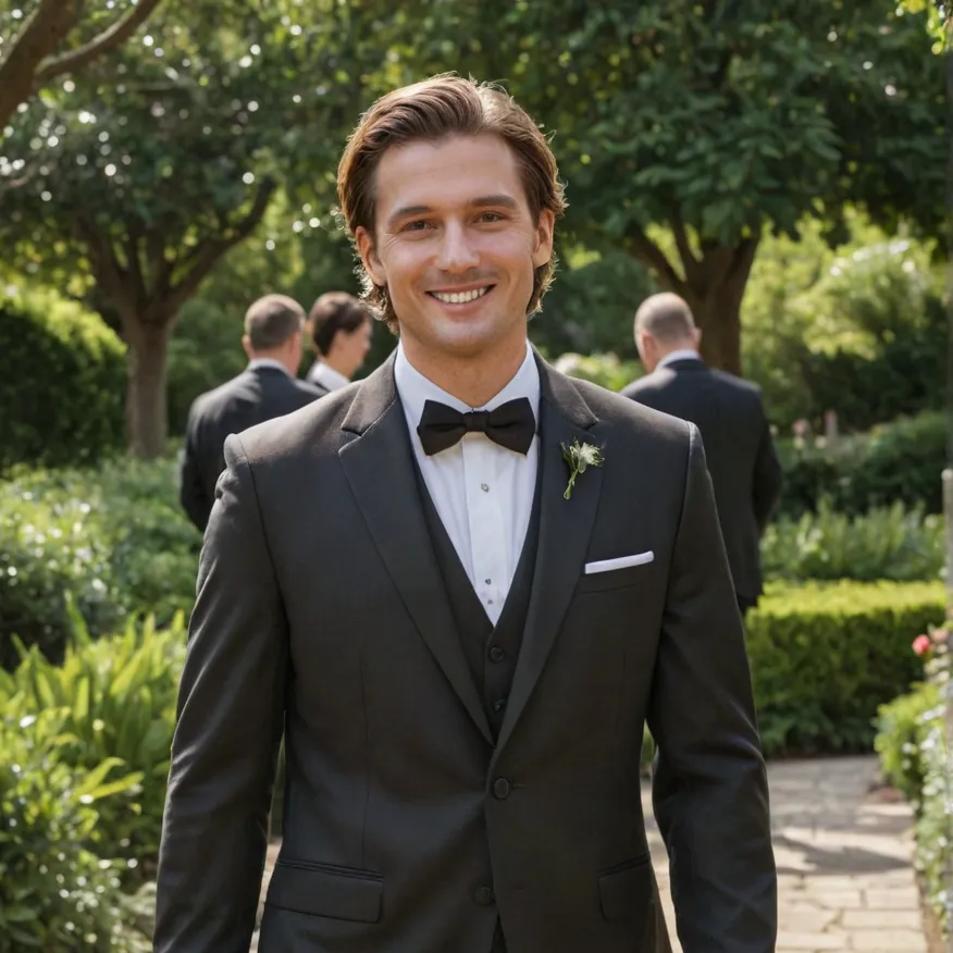 Man in a black tuxedo smiles outdoors with greenery in the background