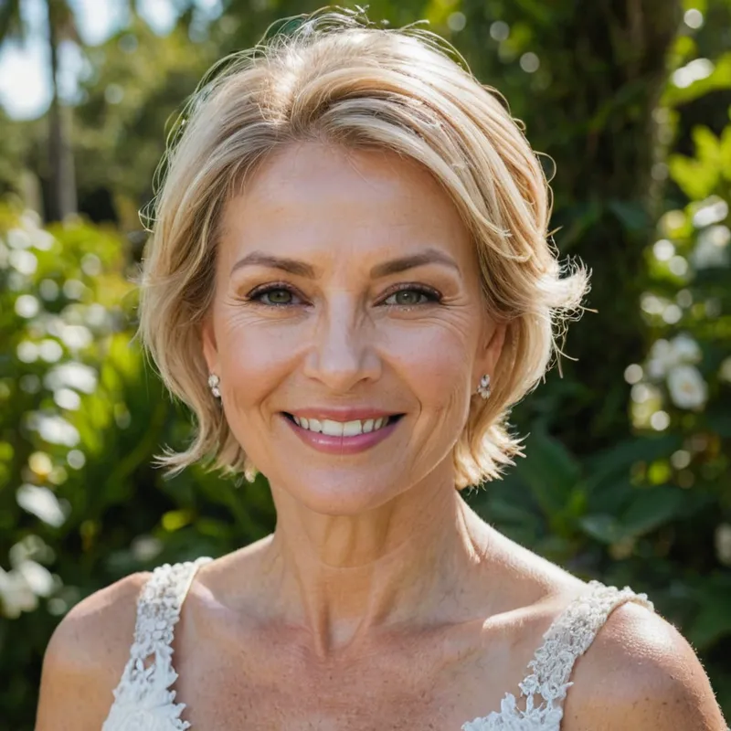 Smiling woman with short blonde hair, wearing a light-colored dress, in a garden setting