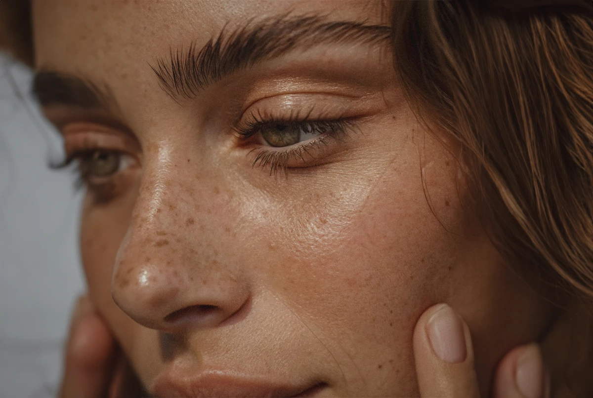 Close-up of a woman’s face with freckles, gentle expression, and green eyes