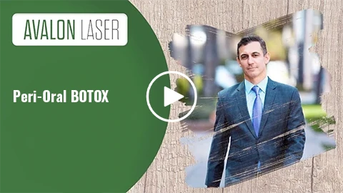 A man in a suit stands outside with a text label for Peri-Oral Botox and a play button