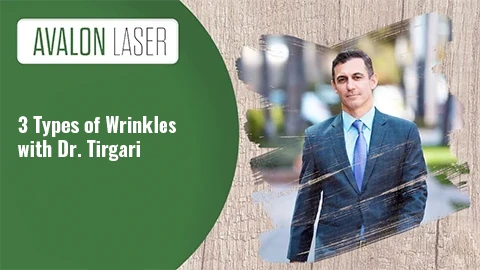 A man in a suit stands outdoors next to text about wrinkles and Dr. Tirgari