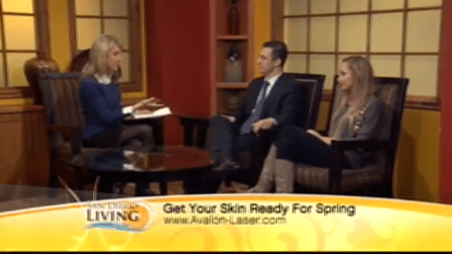 Three people seated in a studio discussion, with text below about skin care for spring