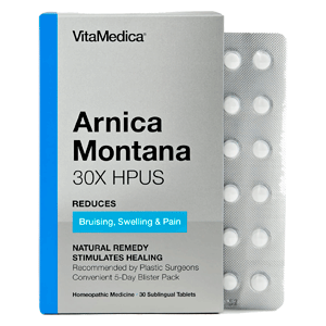 Package of homeopathic Arnica Montana tablets for bruising, swelling, and pain relief