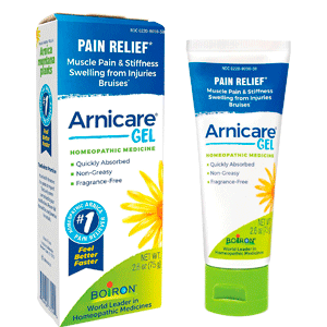 Tube of gel and box labeled "Pain Relief" for muscle pain and bruises