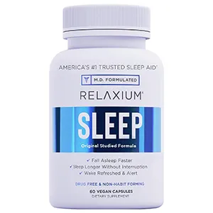 White bottle of dietary supplement labeled "Sleep" with blue accents, containing 60 vegan capsules