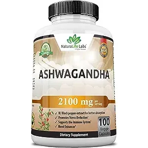 Bottle of ashwagandha supplement with 2100 mg per serving, containing 100 veggie capsules