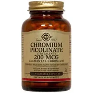 Brown bottle of chromium picolinate, 200 mcg, with golden cap and label