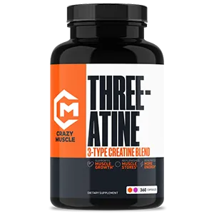 Black bottle with orange label, labeled "Three-A tine" and "3-Type Creatine Blend."