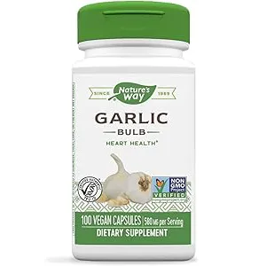 White bottle with green lid labeled "Garlic Bulb Dietary Supplement, 100 vegan capsules."