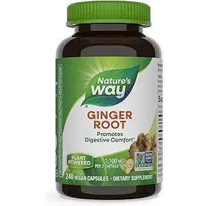Brown bottle of ginger root capsules with a green lid and label detailing contents