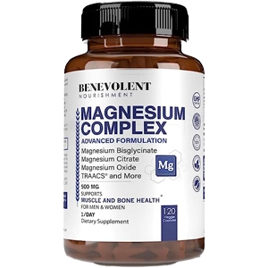 Brown bottle of magnesium complex dietary supplement with 120 capsules