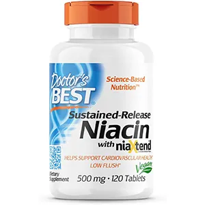 White bottle of dietary supplement labeled "Sustained-Release Niacin", 500 mg, 120 tablets