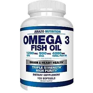 Bottle of omega-3 fish oil softgels, labeled with dosage and dietary supplement information