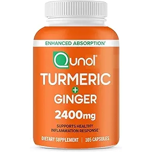 Orange bottle of turmeric and ginger dietary supplement, 2400 mg, containing 105 capsules