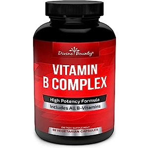 Black bottle of vitamin B complex capsules with a red label. 90 vegetarian capsules
