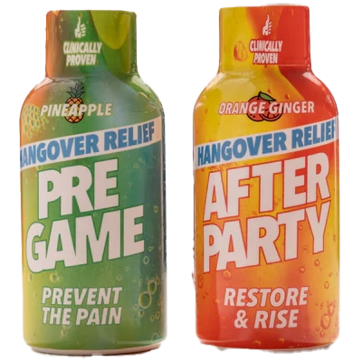 Two bottles labeled "Pre Game" and "After Party" with colorful designs