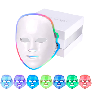 White LED facial mask with color options, placed next to a white box