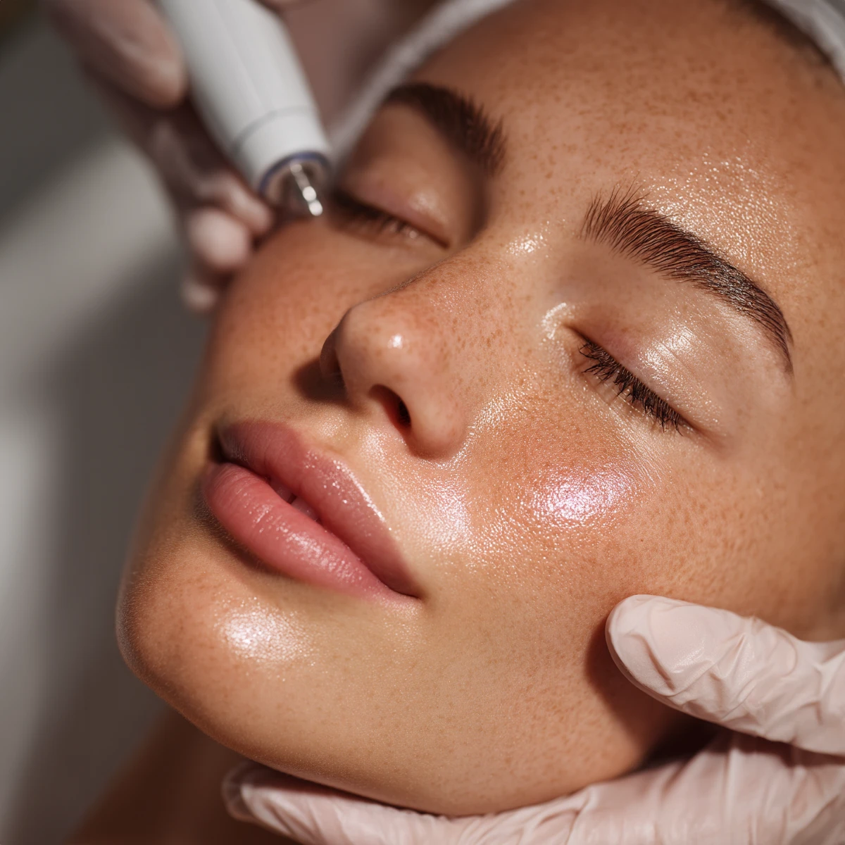 A person receiving a facial treatment with a handheld device