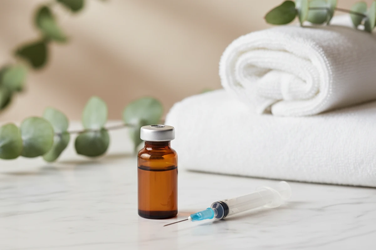 Brown glass vial with a silver cap beside a syringe on a marble surface. White towels in background