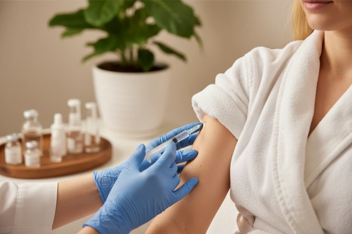 A person in a robe receives an injection in their arm from a gloved hand