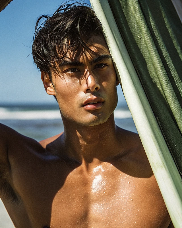 A young man with wet hair stands by a beach, partially hidden behind fabric