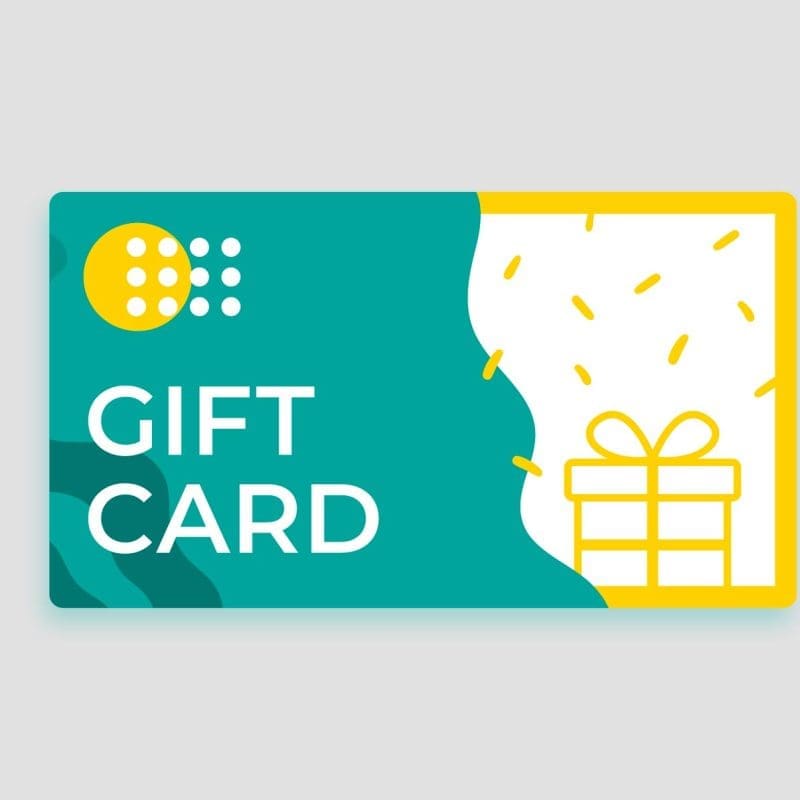 Gift card with decorative elements and a present illustration